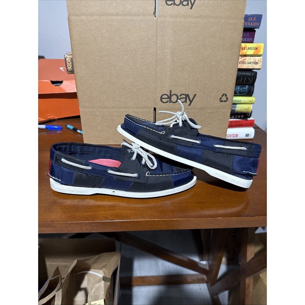 Sperry Top Sider STS19374 Boat Shoes Black Blue Canvas Non Marking Sole US 10.5